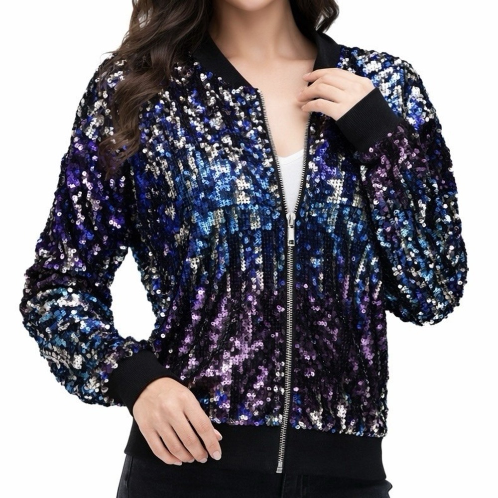 ANNA KACI Sequin Bomber Jacket sz Small Purple Blue Silver Zip Party Festival